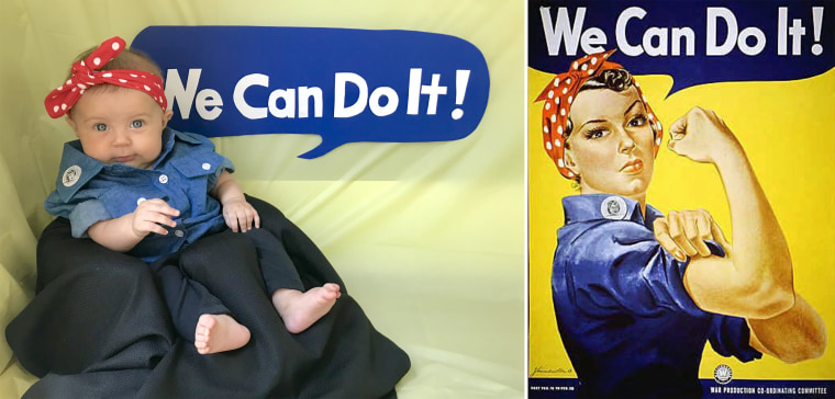 Liberty as Rosie the Riveter, the cultural icon from World War II who represented female factory and shipyard workers.
