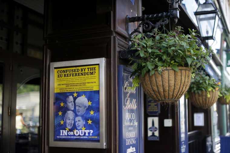 Image: A poster about Brexit outside a J.D.Wetherspoon pub in Dover, England.