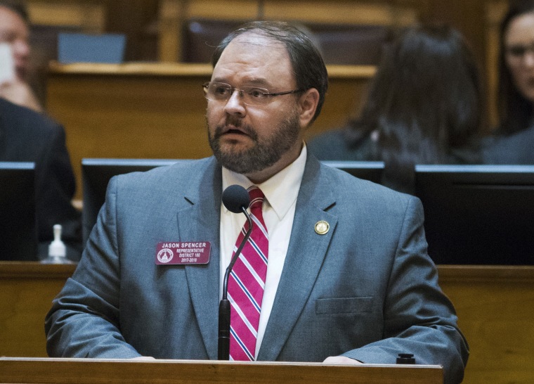 Rep. Jason Spencer speaks at the Georgia State Capitol in Atlanta in February.