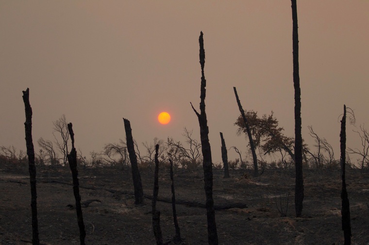 Image: The sun sets over hills burned by the Carr Fire west of Redding