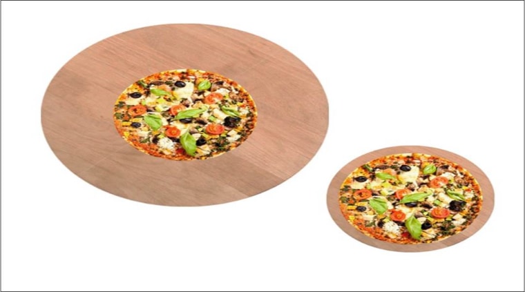 pizza presented on bigger and smaller serving trays as part of a study on food size perception