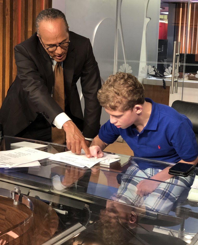 Lester Holt meets 14-year-old fan Hunter Goldbach, who has rare genetic disorder