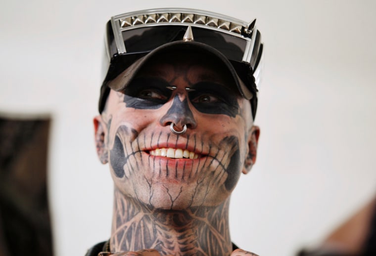 Canadian artist Rick Genest, also known as "Zombie Boy", attends the show at the Duckie Brown Fall/Winter 2012 collection during New York Fashion Week