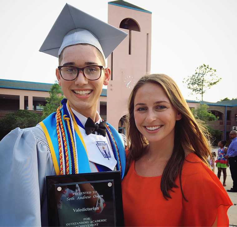 Seth Owen, left, and his swimming coach, Kaylee Petik, on graduation day