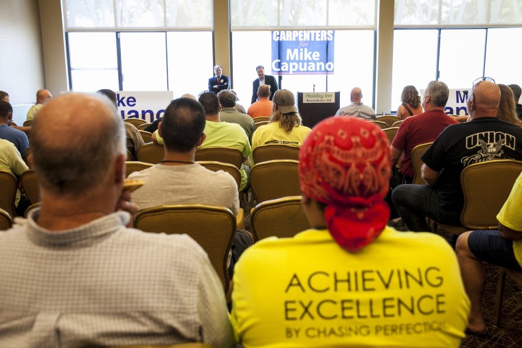 Image: Mike Capuano during a campaign event with the local carpenter's union