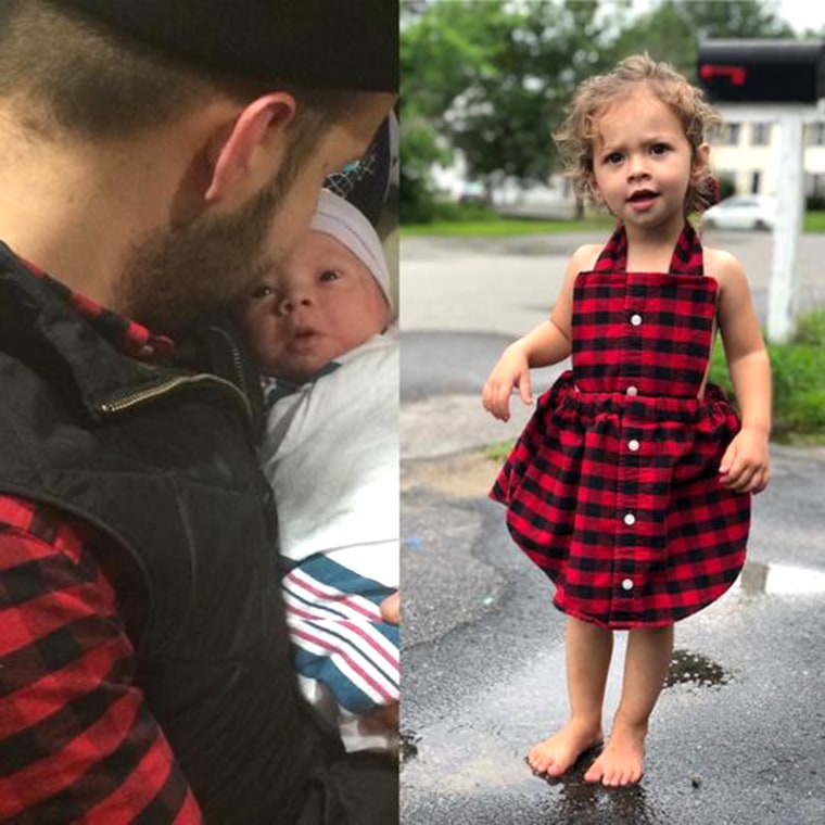 Mom makes repurposed baby clothes from dad's old shirts.