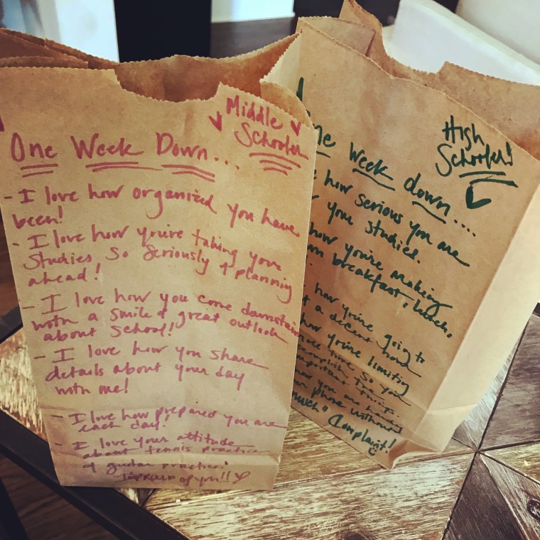 Stafford created "celebration sacks" for her daughters, filling them with small treats and writing messages of affirmation on the outside.