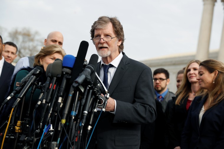 Image: Baker Phillips speaks with the media following oral arguments in the Masterpiece Cakeshop vs. Colorado Civil Rights Commission case at the Supreme Court in Washington