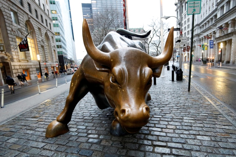 The Wall Street bull is seen in the financial district in New York