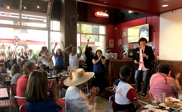 Lupe Valdez, Democrat candidate for Texas governor, is cheered by a people at her campaign event at Luther's Caf? in downtown San Antonio on Aug. 16, 2018.