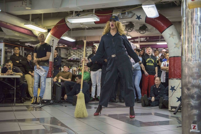 Yeoman 3rd Class Joshua J. Kelley, from Berwick, Pennsylvania, performs during the Morale, Welfare and Recreation (MWR) Lip Sync Battle