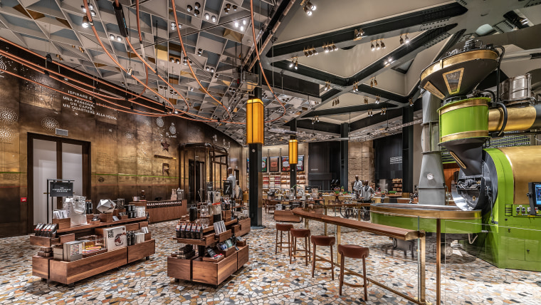 The expansive seating area at Italy's first Starbucks.