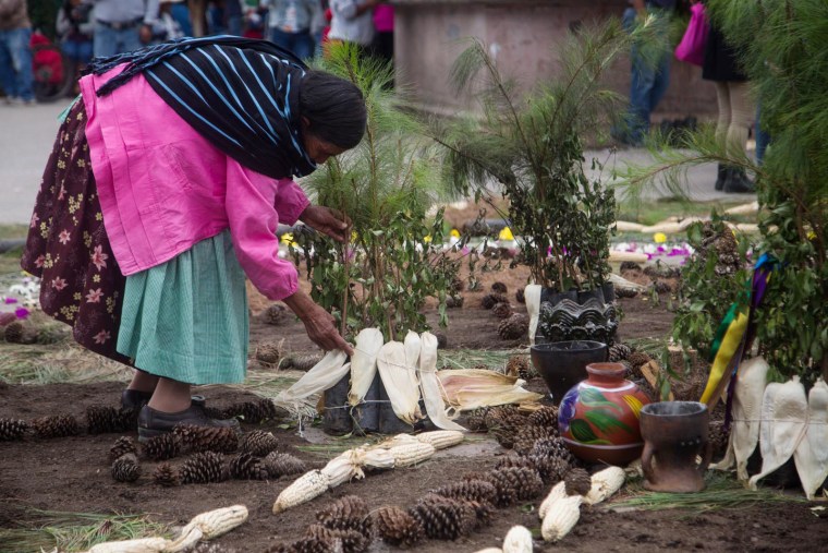 Image: A community member constructs a ceremonial carpet of corn, pine and other sacred items from nature.