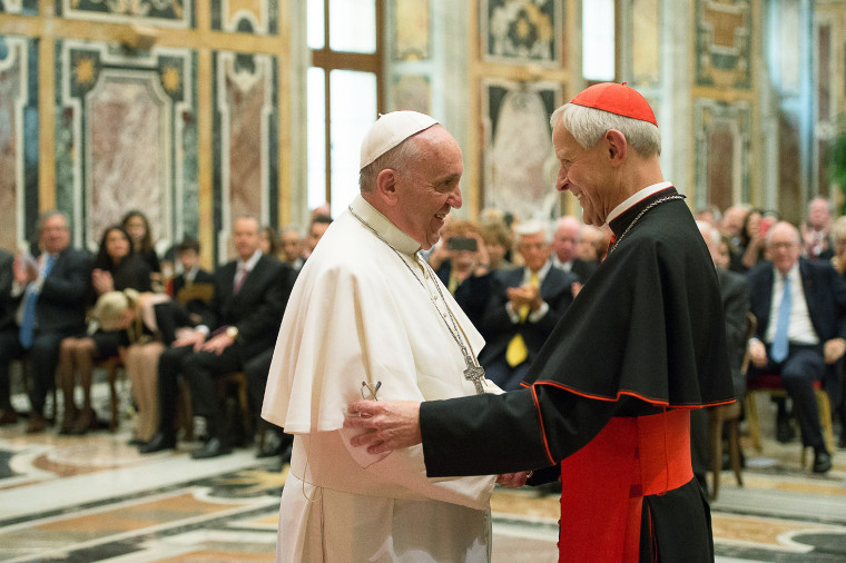 Imaeg: Pope Francis, left, talks with Papal Foundation Chairman Cardinal Donald Wuerl, Archbishop of Washington, D.C.