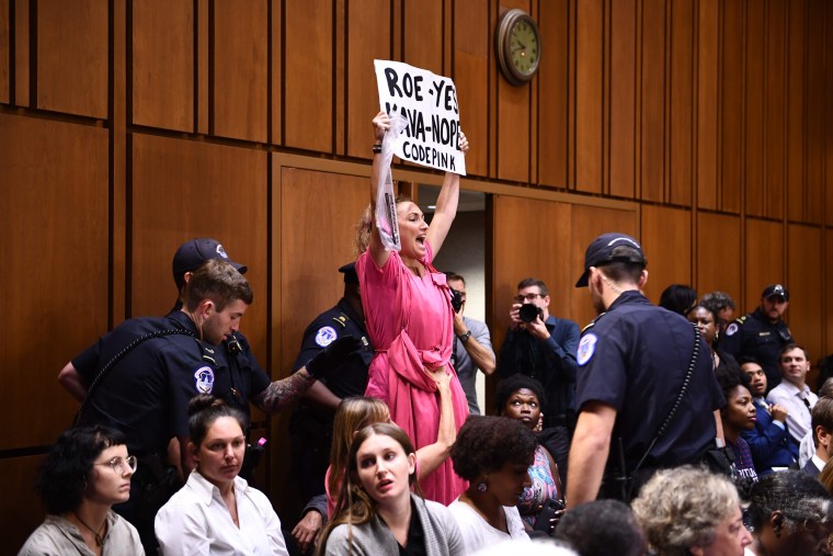 Image: A member of Code Pink protests as Supreme Court nominee Brett Kavanaugh arrives
