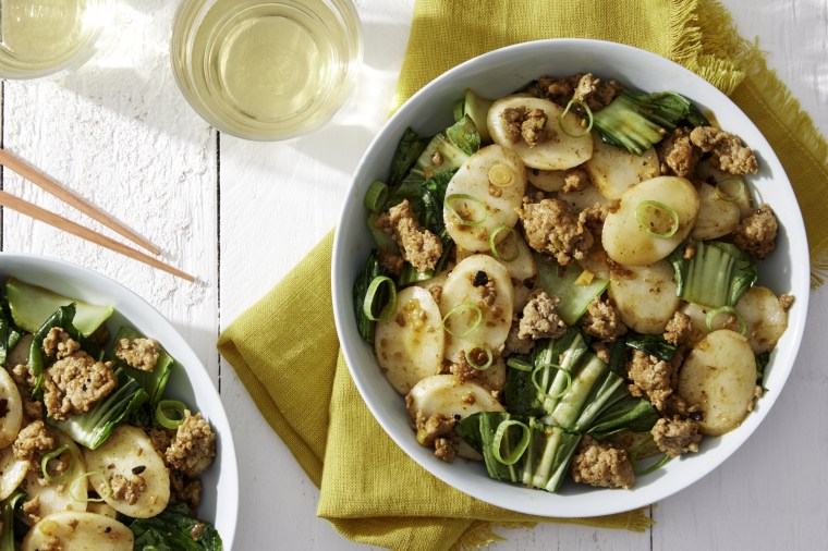 Spicy Korean Pork and Rice Cakes with Bok Choy