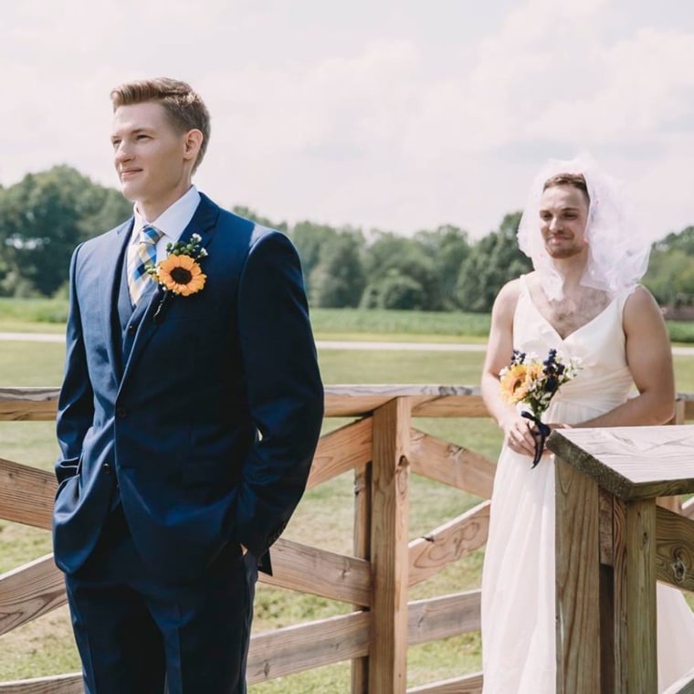 Groom surprised by best man in dress on his wedding day