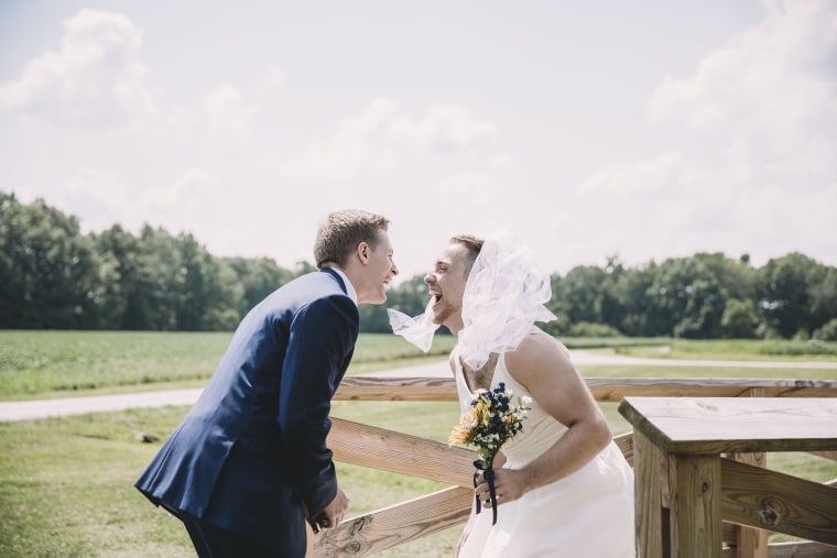 Groom surprised by best man in dress on his wedding day