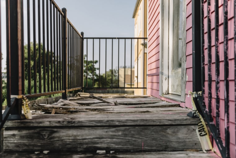 Image: A rotted porch on a home built by the Make it Right Foundation