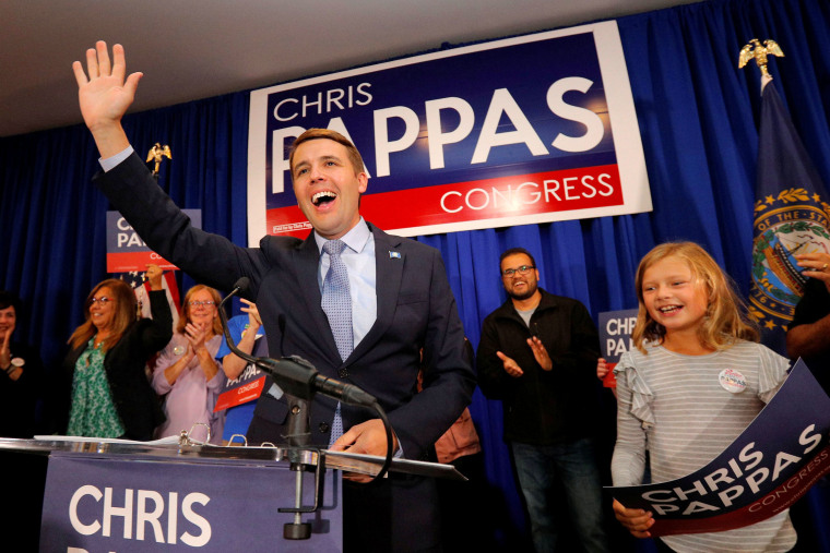 Image: Democratic candidate for the U.S. House of Representatives Pappas takes the stage at his primary election rally in Manchester