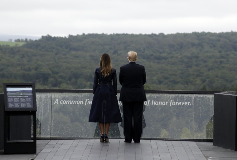 Image: President Donald Trump and first lady Melania Trump, stand along the September 11th Flight 93 memoria