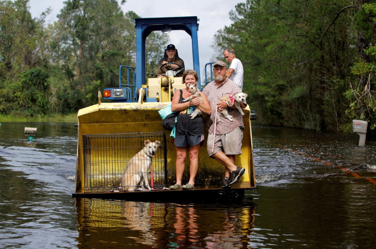 Image: A resident transports evacuees and their pets in the bucket of his tractor as the Northeast Cape Fear River breaks its banks during flooding after Hurricane Florence in Burgaw, North Carolina