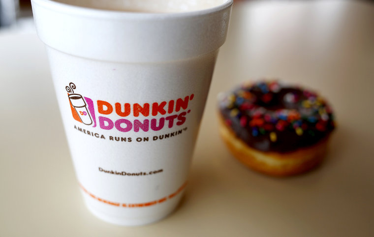 A drink and a doughnut are seen at a Dunkin' Donuts location in the Chicago suburb of Niles