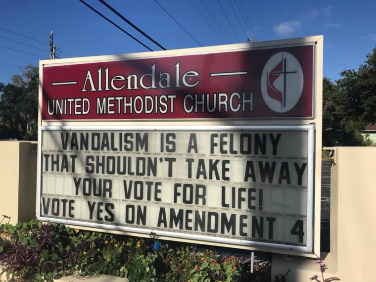 Image: The sign at the Allendale United Methodist Church after a previous one was vandalized in St. Petersburg