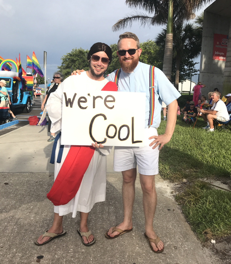 Rev. Andy Oliver, right, at the St. Petersburg Pride Parade with Ben Weger, a transgender man and the music leader of the Allendale United Methodist Church.