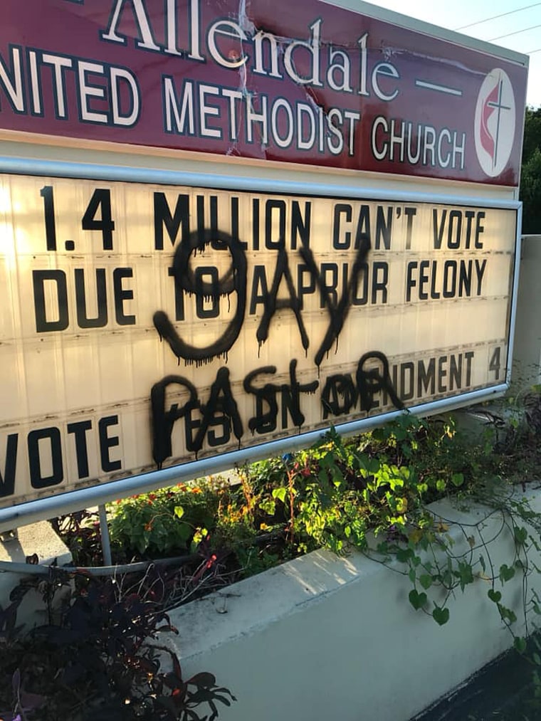 An Allendale United Methodist Church sign was vandalized in St. Petersburg, Florida.