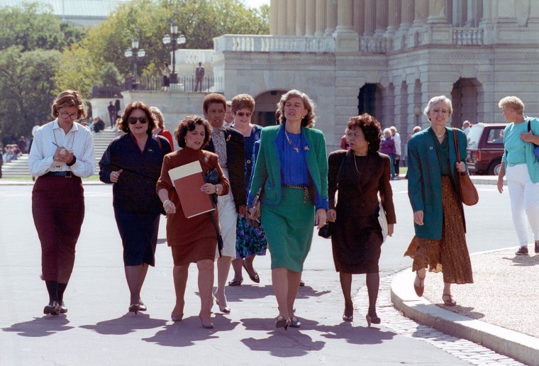 Rep. Patricia Schroeder, D-Colo., center, leads a delegation of congresswomen from the House to the Senate on Capitol Hill to voice their concerns on the nomination of Clarence Thomas