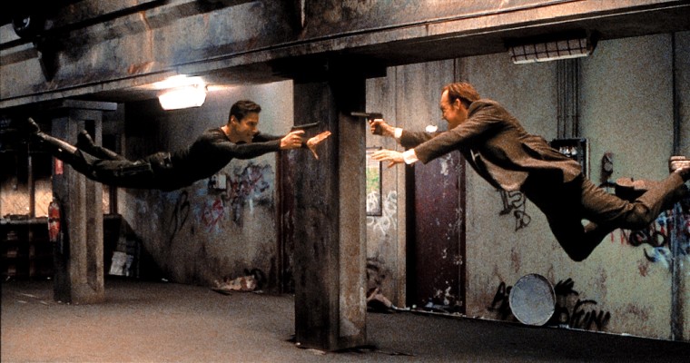 Keanu Reeves and Hugo Weaving in a scene from The Matrix