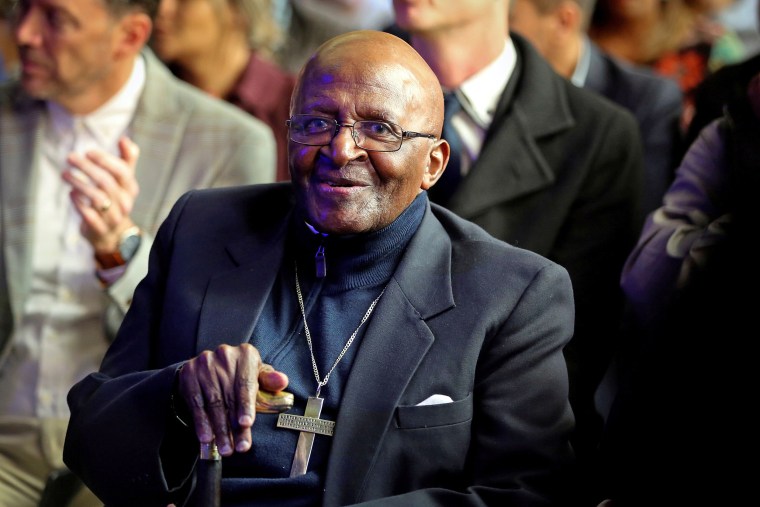 Image: Archbishop Emeritus Desmond Tutu attends the unveiling ceremony of a statue of Nelson Mandela at the City Hall in Cape Town