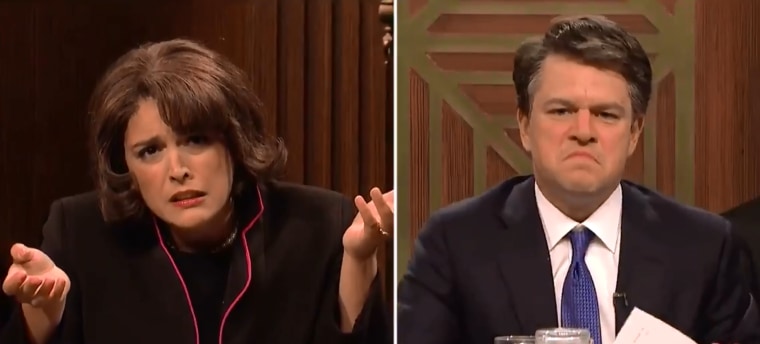 Diane Feinstein (Cecily Strong) and Brett Kavanaugh (Matt Damon) speak at Senate Judiciary Committee hearing in "Saturday Night Live's" cold open.