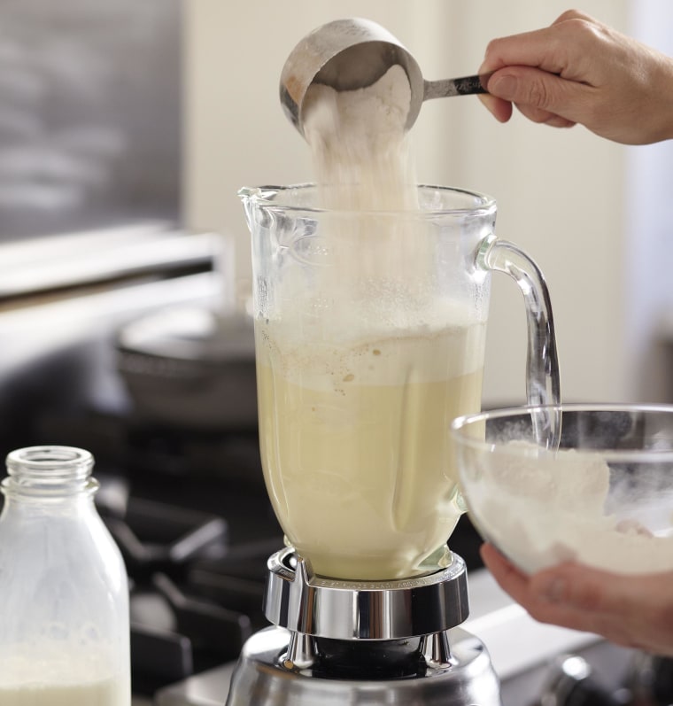 Blend milk, eggs, salt and flour to make crepes