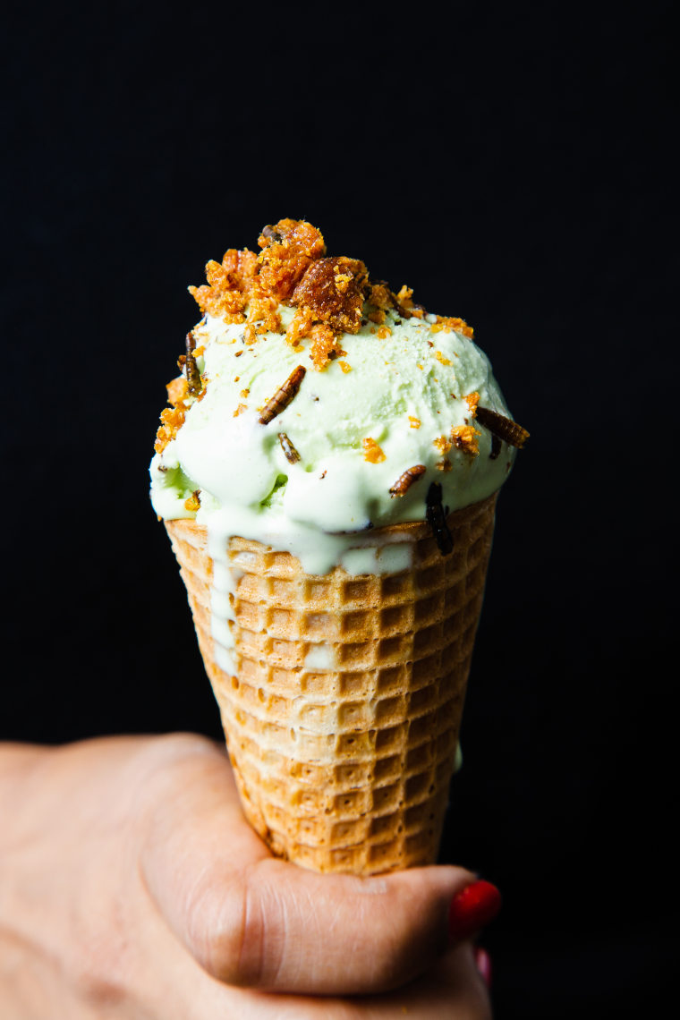 Matcha ice cream topped with crickets and meal worms from Salt and Straw.