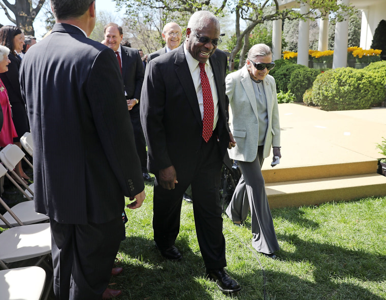 Image: Justices Thomas and Ginsburg leave the ceremony where Neil Gorsuch was administered the judicial oath