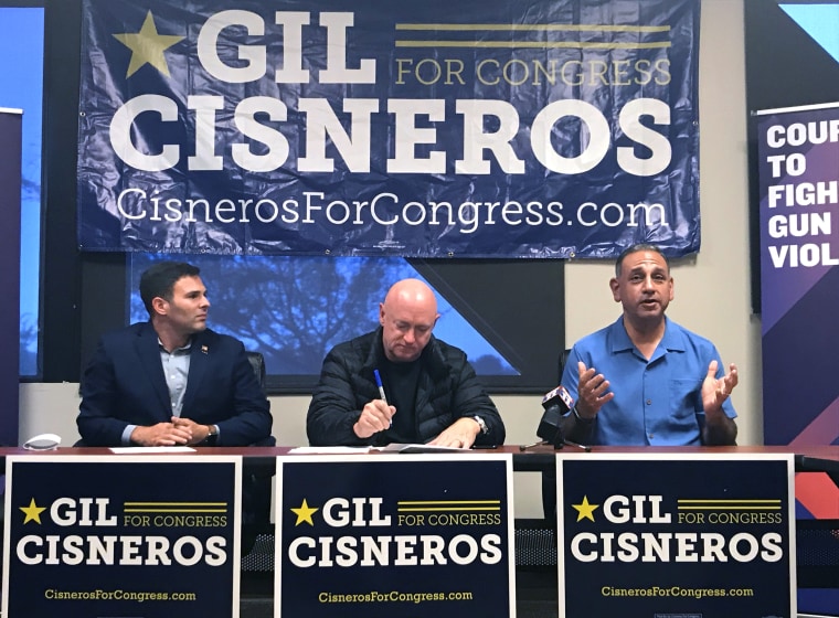 Gil Cisneros, Democratic candidate for California Congressional District 39,  speaks about gun violence in Diamond Bar, California