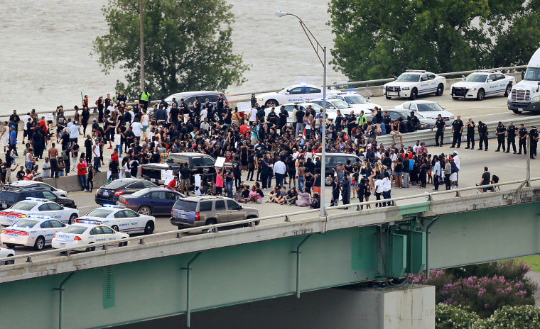 Black Lives Matter protesters gather on the Hernando de Soto Bridge in Memphis on July 10, 2016.