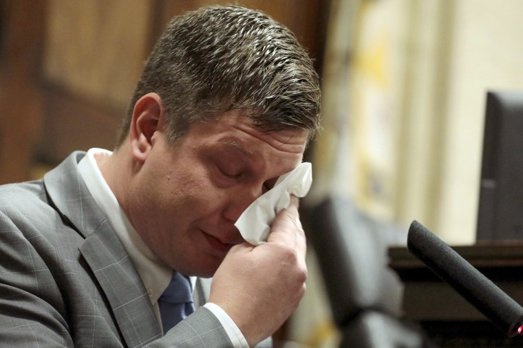 Officer Jason Van Dyke, charged in the shooting death of Laquan McDonald, testifies in his murder trial on Tuesday in Chicago.