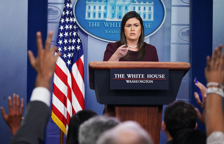 Image: White House Press Secretary Sarah Sanders takes questions during a briefing in the Brady Briefing Room of the White House in Washington on Oct. 3, 2018.