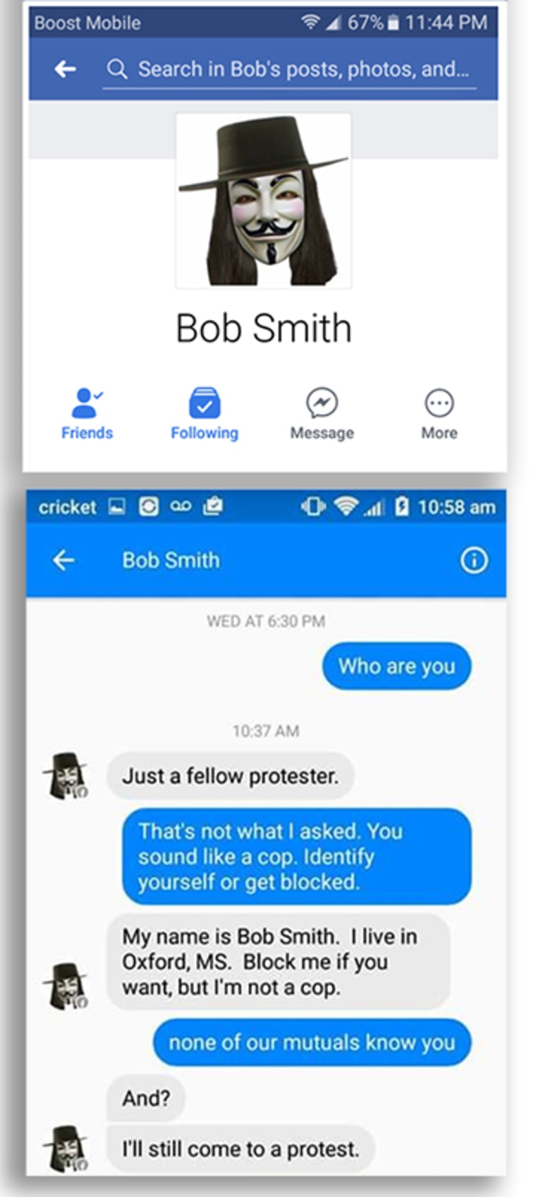 In an exchange of private messages on Facebook, Memphis activist Nour Hantouli grew skeptical of Bob Smith's identity.