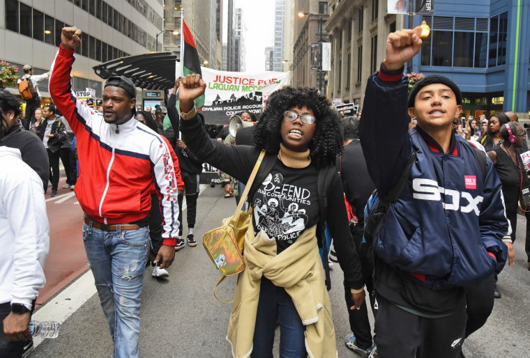 Image: Protesters take to the streets after a jury convicted white Chicago police Officer Jason Van Dyke of second-degree murder in the 2014 shooting of black teenager Laquan McDonald on Oct 5, 2018, in Chicago.