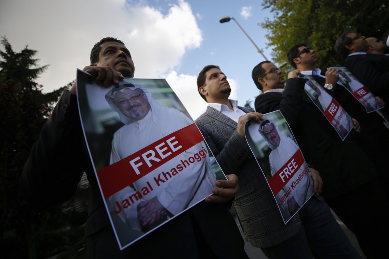 People gather in support of missing Saudi writer Jamal Khashoggi, near the Saudi Arabia consulate in Istanbul on Oct. 5, 2018.