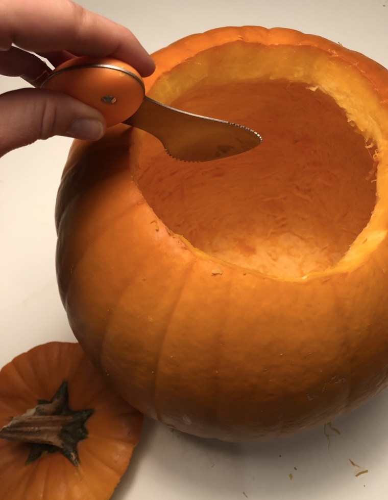 This scraper tool got every last bit of gooey seeds out of our pumpkin.