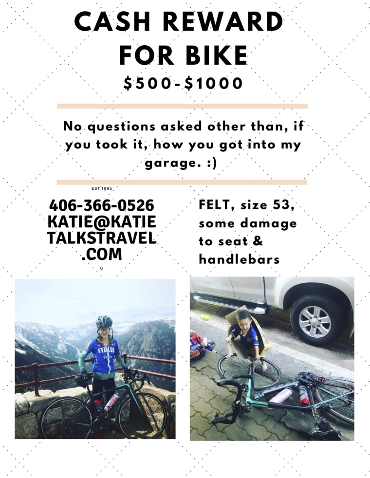 Stolen bike flyer offering reward