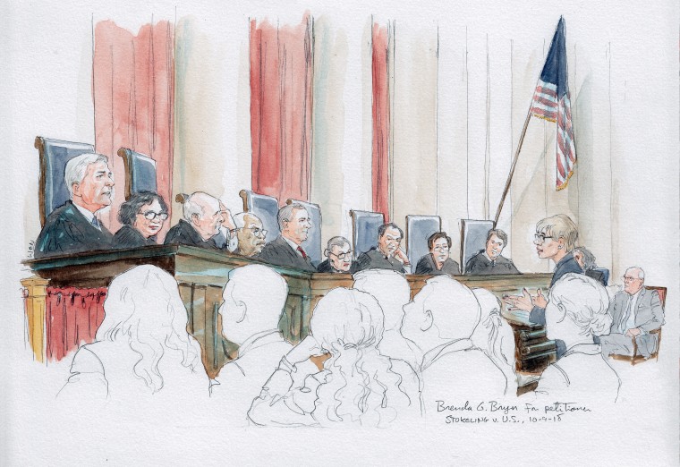 Attorney Brenda G. Bryn addresses the justices of the Supreme Court, including newly appointed Associate Justice Brett Kavanaugh, on Oct. 9, 2018.