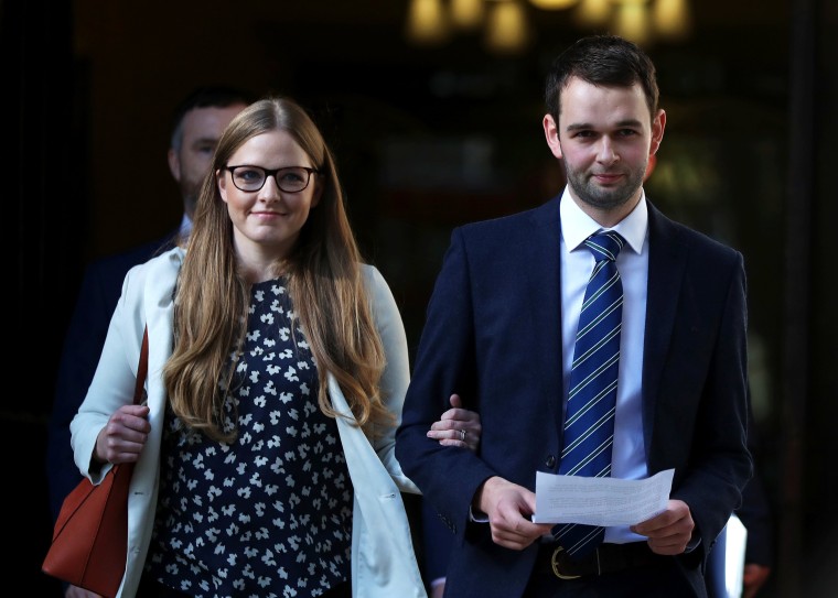 Daniel and Amy McArthur, who own Ashers Bakery in Belfast, leave the Supreme Court in London