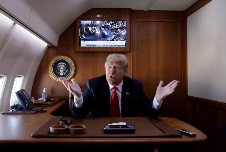 President Donald Trump talks to reporters after Senate confirmed Judge Brett Kavanaugh to Supreme Court