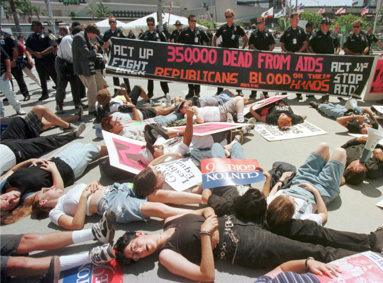 Members of ACT UP stage a protest on Aug. 13, 1996, in San Diego against GOP policies on AIDS awareness and gay rights.
